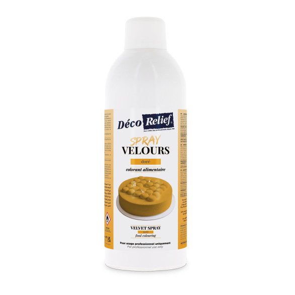 Spray velours doré à base de beurre de cacao, prêt à l'emploi, en format professionnel 400ml.