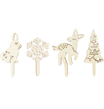 48 Cake Toppers en bois (12 lapins, 12 flocons, 12 faons, 12 sapins)