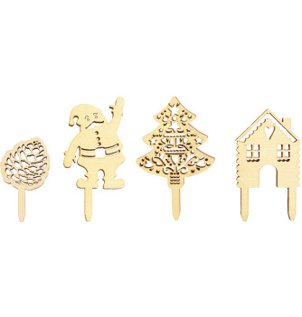 48 Cake Toppers en bois (12 pommes de pins, 12 pères noëls, 12 sapins, 12 chalets)