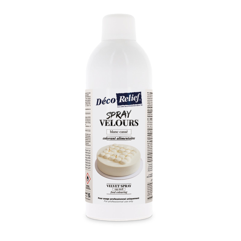 Spray velours blanc à base de beurre de cacao, prêt à l'emploi, en format professionnel 400ml.