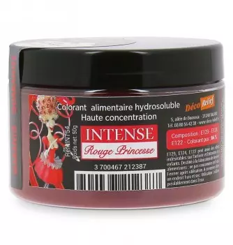 Pot de colorant alimentaire hydrosoluble intense en poudre, couleur rouge princesse. Idéal pour colorer vos pièces en sucre.